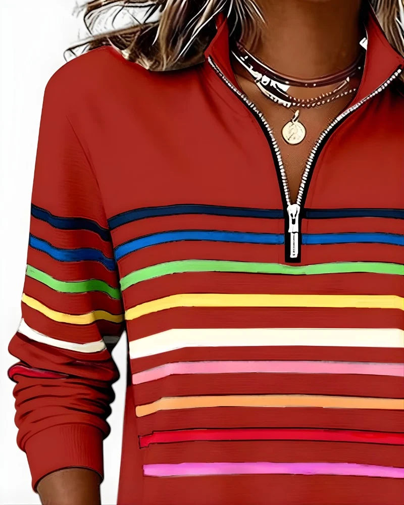 Women's Quarter Zip Sweater Multicolor Stripes High Stand Collar Ribbed Trim