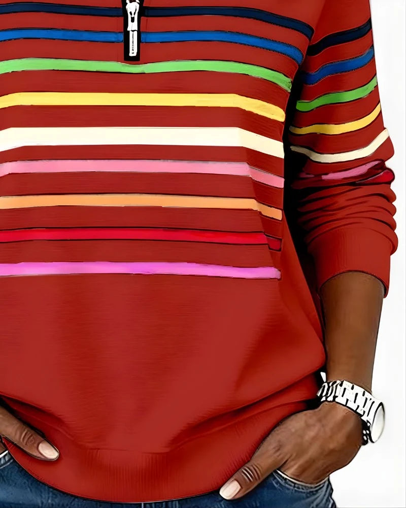 Women's Quarter Zip Sweater Multicolor Stripes High Stand Collar Ribbed Trim