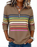 Women's Quarter Zip Sweater Multicolor Stripes High Stand Collar Ribbed Trim