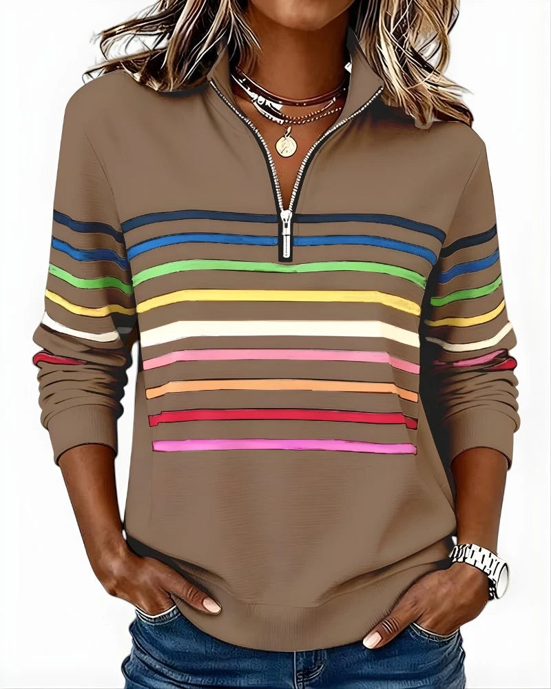 Women's Quarter Zip Sweater Multicolor Stripes High Stand Collar Ribbed Trim