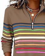 Women's Quarter Zip Sweater Multicolor Stripes High Stand Collar Ribbed Trim