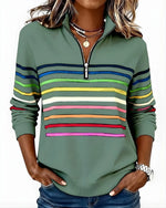 Women's Quarter Zip Sweater Multicolor Stripes High Stand Collar Ribbed Trim