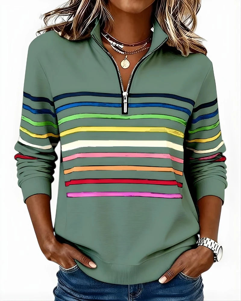 Women's Quarter Zip Sweater Multicolor Stripes High Stand Collar Ribbed Trim