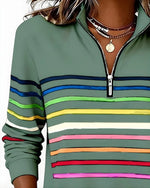 Women's Quarter Zip Sweater Multicolor Stripes High Stand Collar Ribbed Trim