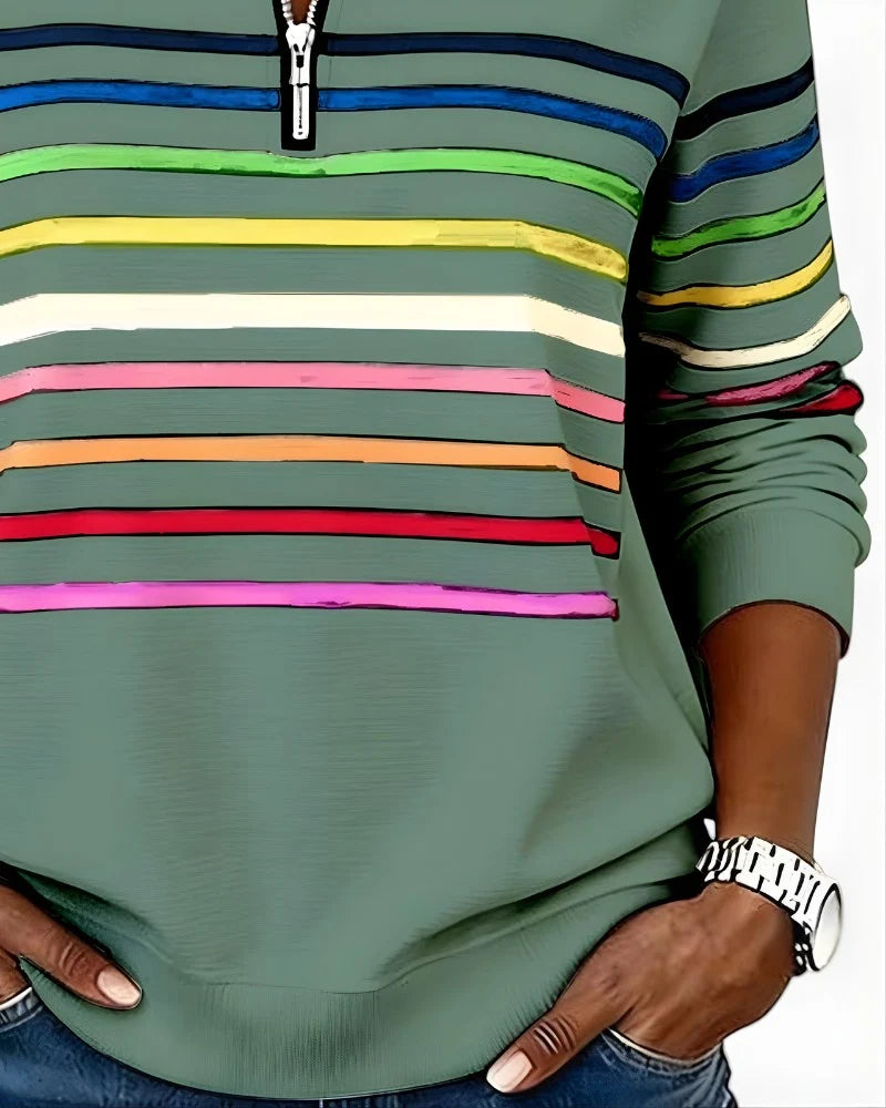 Women's Quarter Zip Sweater Multicolor Stripes High Stand Collar Ribbed Trim