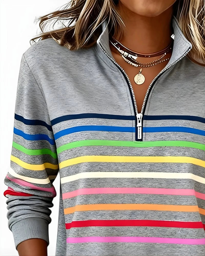 Women's Quarter Zip Sweater Multicolor Stripes High Stand Collar Ribbed Trim