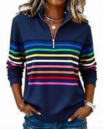 Women's Quarter Zip Sweater Multicolor Stripes High Stand Collar Ribbed Trim