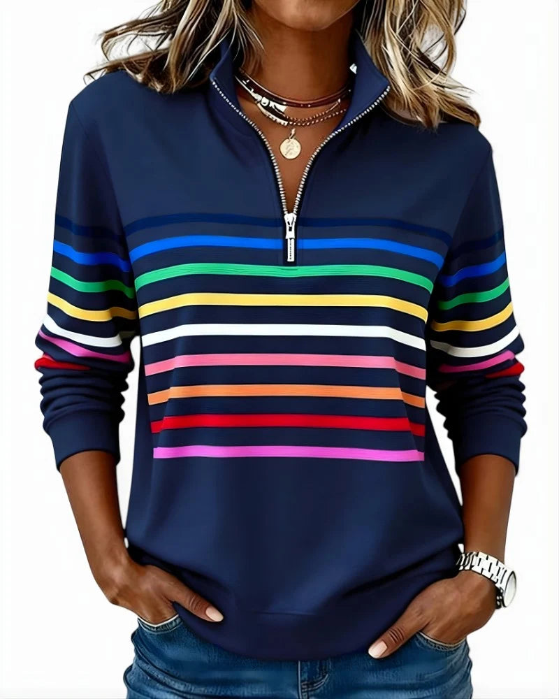 Women's Quarter Zip Sweater Multicolor Stripes High Stand Collar Ribbed Trim