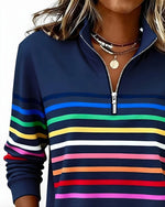 Women's Quarter Zip Sweater Multicolor Stripes High Stand Collar Ribbed Trim