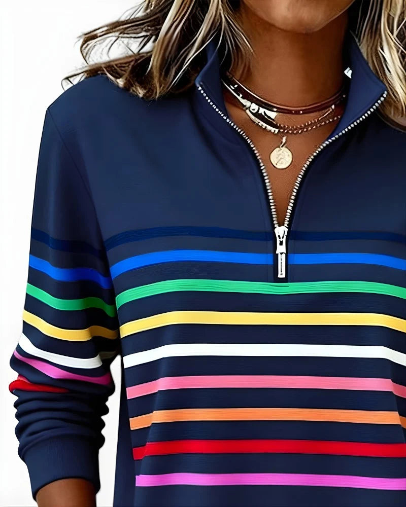 Women's Quarter Zip Sweater Multicolor Stripes High Stand Collar Ribbed Trim