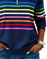 Women's Quarter Zip Sweater Multicolor Stripes High Stand Collar Ribbed Trim