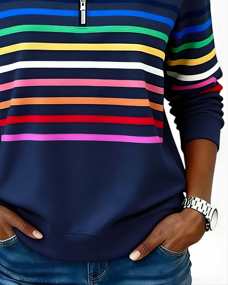 Women's Quarter Zip Sweater Multicolor Stripes High Stand Collar Ribbed Trim