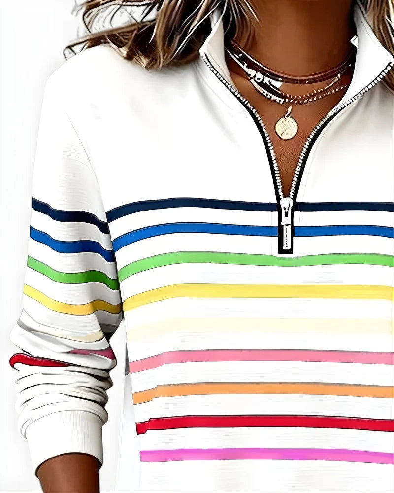 Women's Quarter Zip Sweater Multicolor Stripes High Stand Collar Ribbed Trim