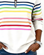 Women's Quarter Zip Sweater Multicolor Stripes High Stand Collar Ribbed Trim