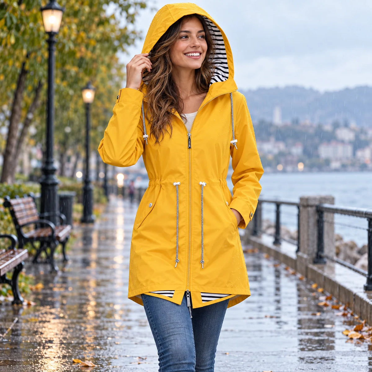 Women's Rain Jacket Waterproof Longline Adjustable Hood