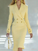 Women's Suit Set Double-Breasted Blazer Midi Pencil Skirt