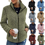 Women's Teddy Fleece Jacket Stand-Up Collar Full-Zip Pockets