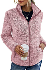 Women's Teddy Fleece Jacket Stand-Up Collar Full-Zip Pockets
