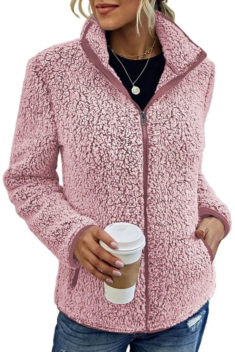 Women's Teddy Fleece Jacket Stand-Up Collar Full-Zip Pockets