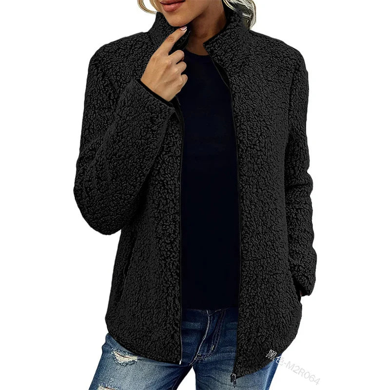 Women's Teddy Fleece Jacket Stand-Up Collar Full-Zip Pockets