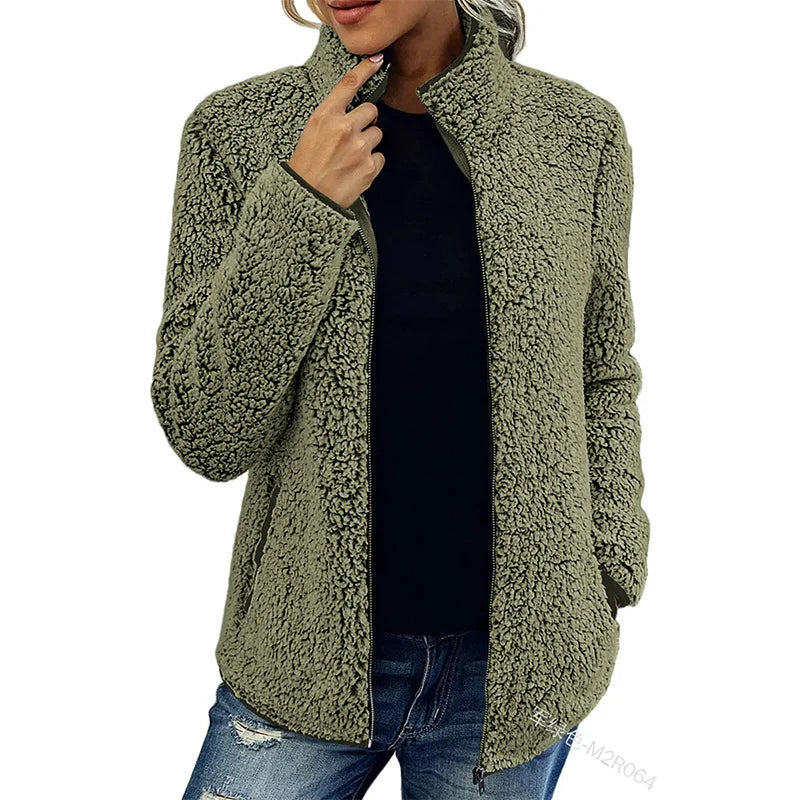 Women's Teddy Fleece Jacket Stand-Up Collar Full-Zip Pockets