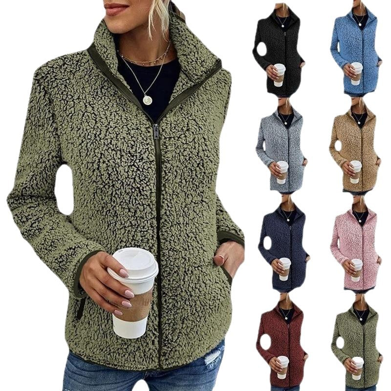 Women's Teddy Fleece Jacket Stand-Up Collar Full-Zip Pockets