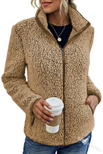 Women's Teddy Fleece Jacket Stand-Up Collar Full-Zip Pockets