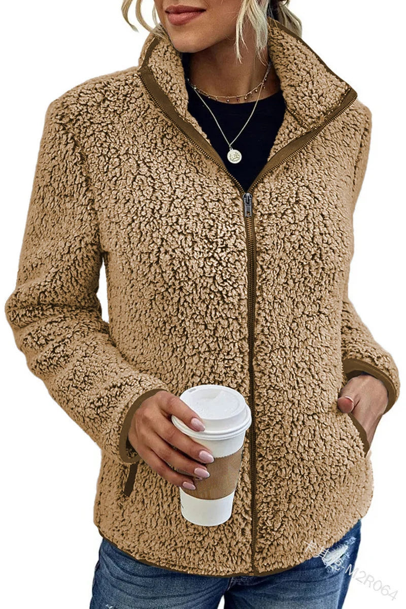 Women's Teddy Fleece Jacket Stand-Up Collar Full-Zip Pockets