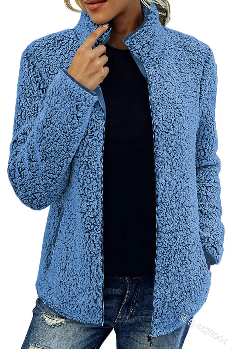 Women's Teddy Fleece Jacket Stand-Up Collar Full-Zip Pockets