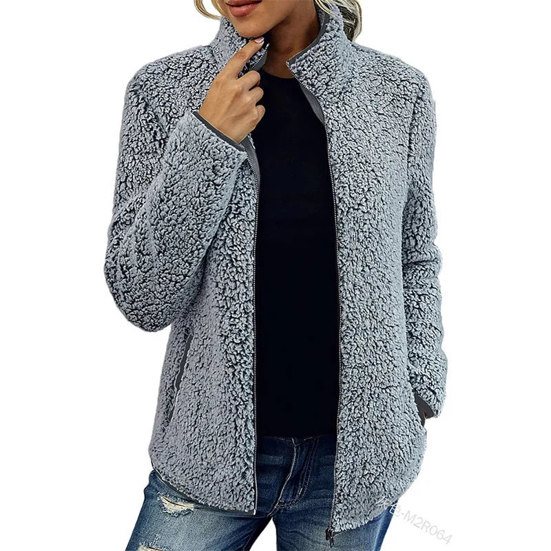 Women's Teddy Fleece Jacket Stand-Up Collar Full-Zip Pockets
