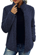 Women's Teddy Fleece Jacket Stand-Up Collar Full-Zip Pockets