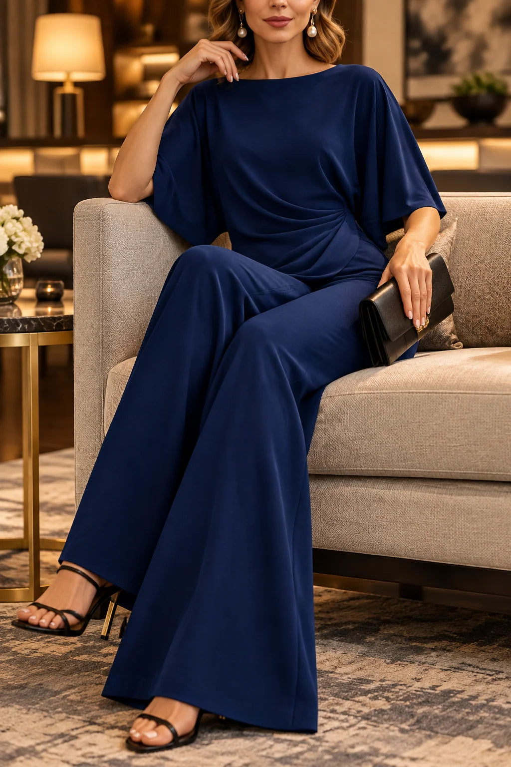 Women's Two-Piece Set Draped Waist High-Waisted Wide-Leg Pants