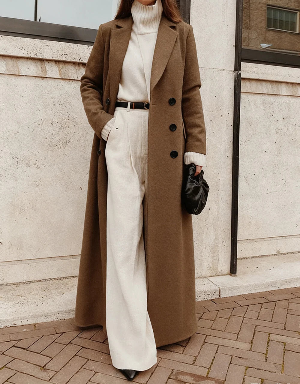 Women's Wool Blend Coat Long Double-Breasted Deep Pockets