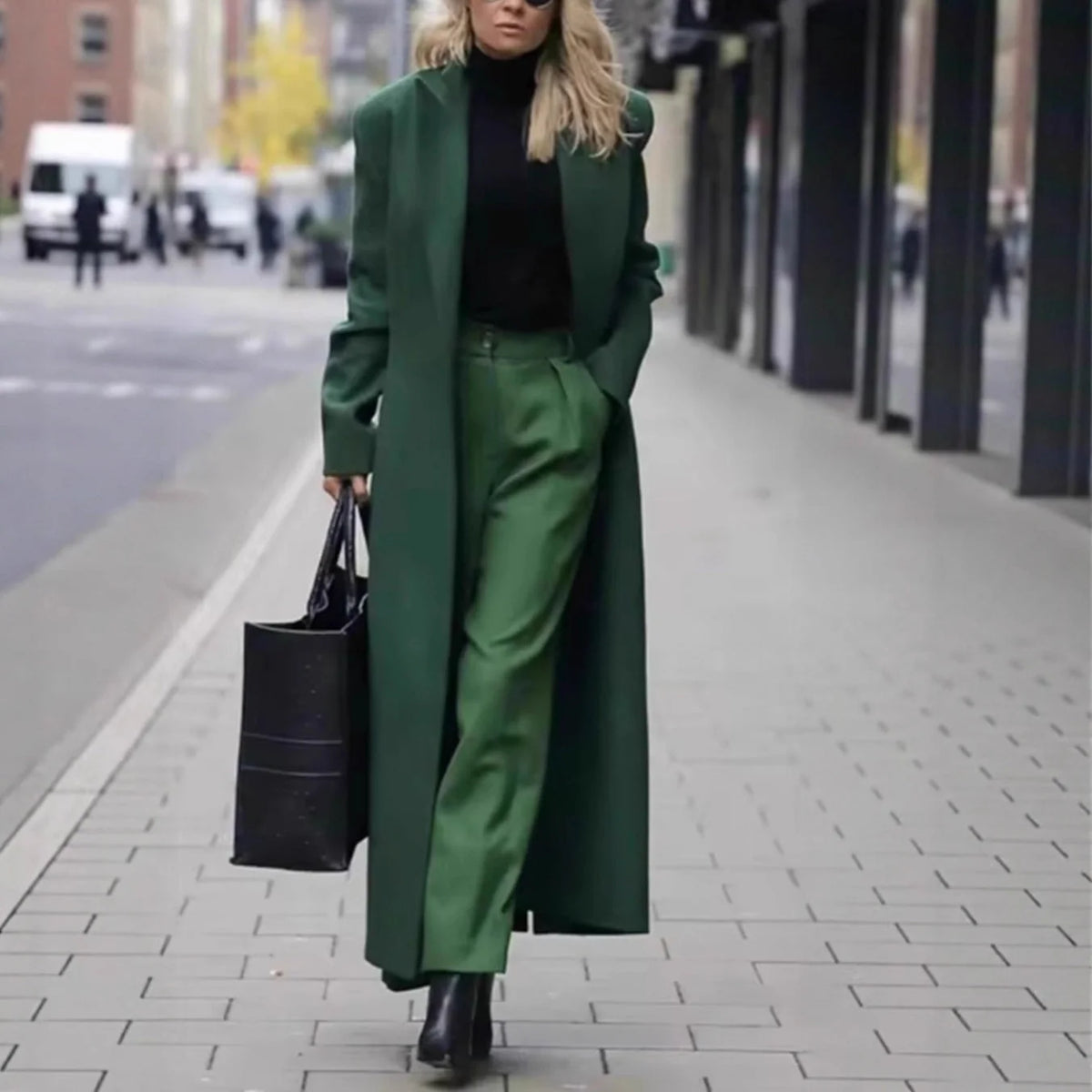 Women's Wool Blend Coat Long Double-Breasted Deep Pockets