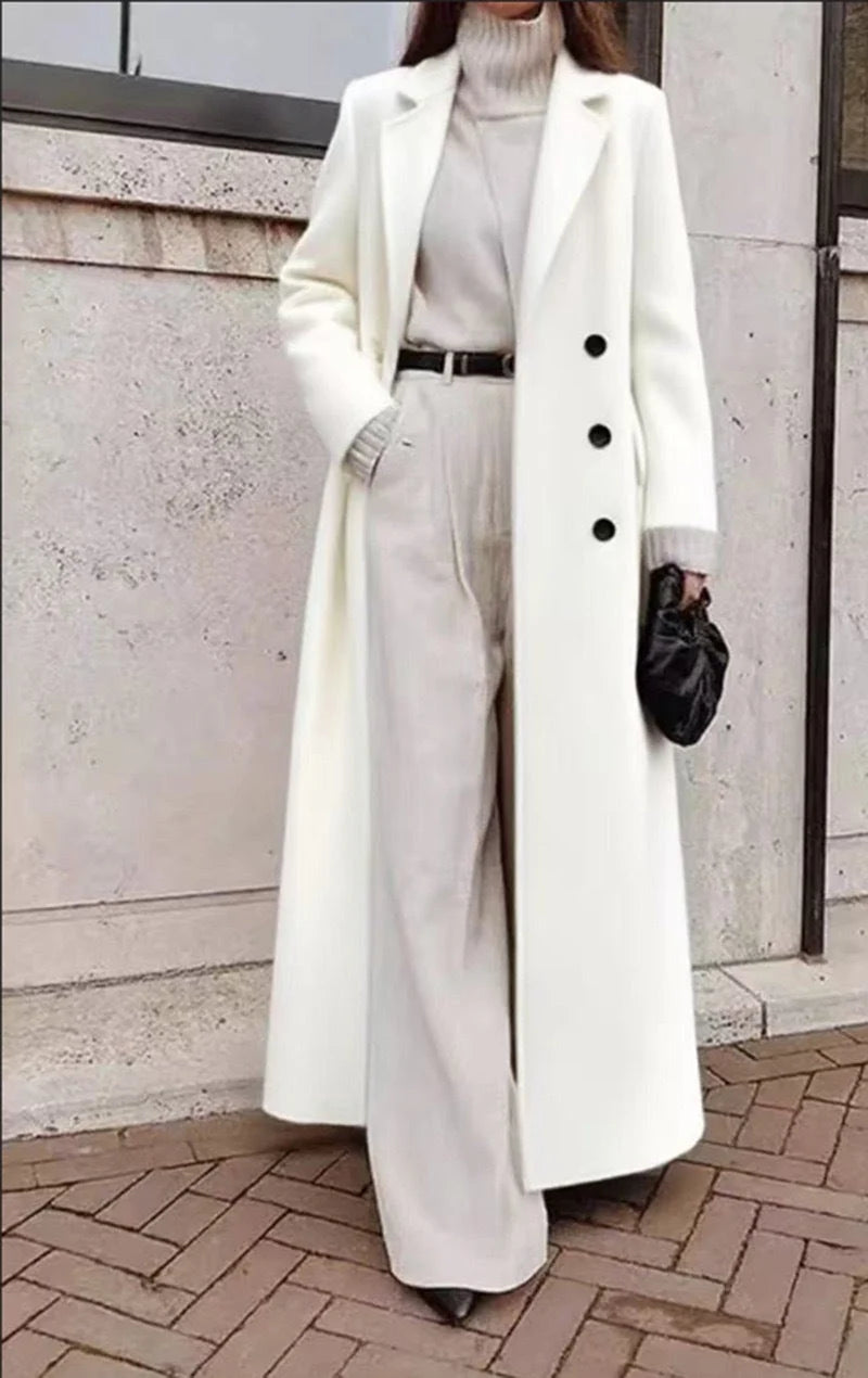 Women's Wool Blend Coat Long Double-Breasted Deep Pockets