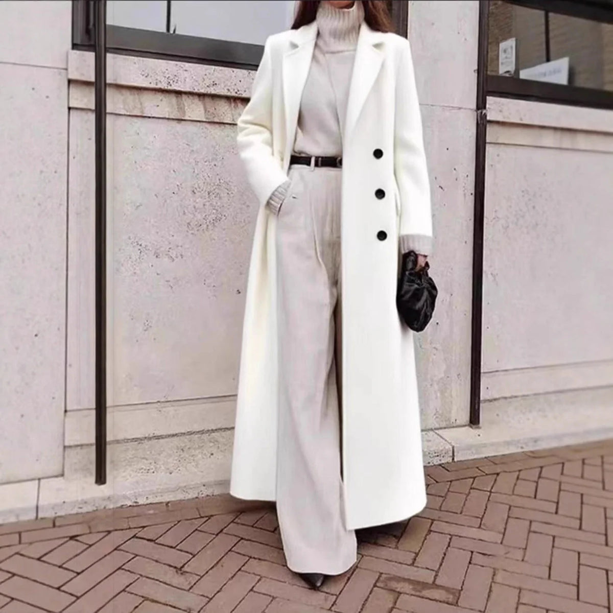 Women's Wool Blend Coat Long Double-Breasted Deep Pockets