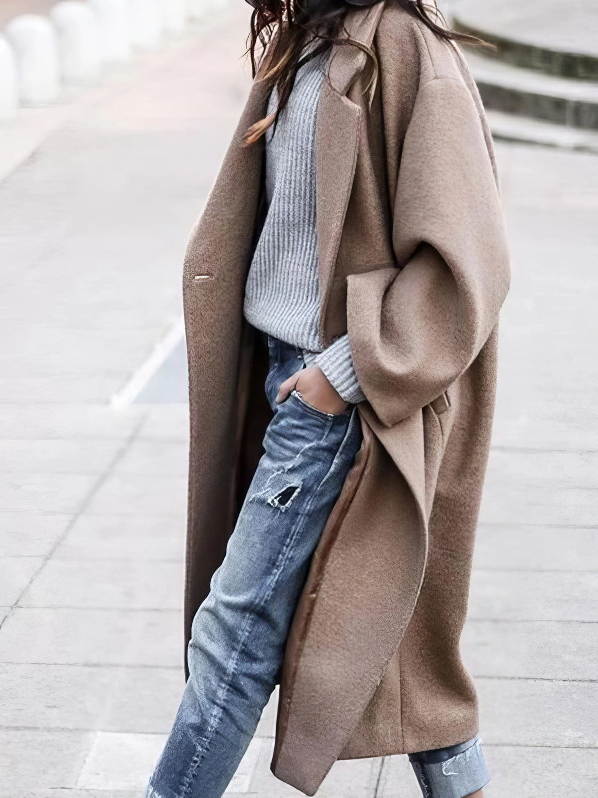 Women's Wool Blend Coat Oversized Longline Fit Deep Pockets