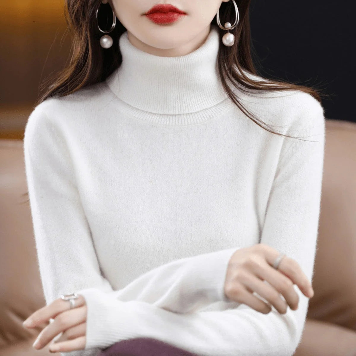 Women's Wool Jumper Lightweight Roll Neck Fitted Knit