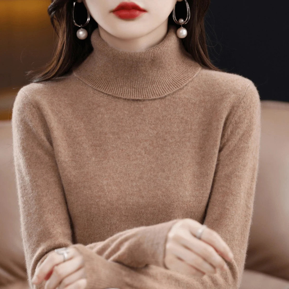 Women's Wool Jumper Lightweight Roll Neck Fitted Knit