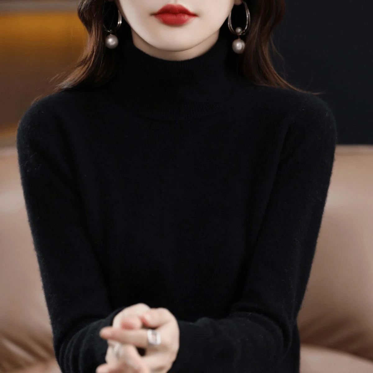 Women's Wool Jumper Lightweight Roll Neck Fitted Knit