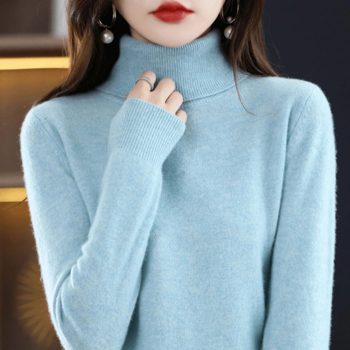Women's Wool Jumper Lightweight Roll Neck Fitted Knit