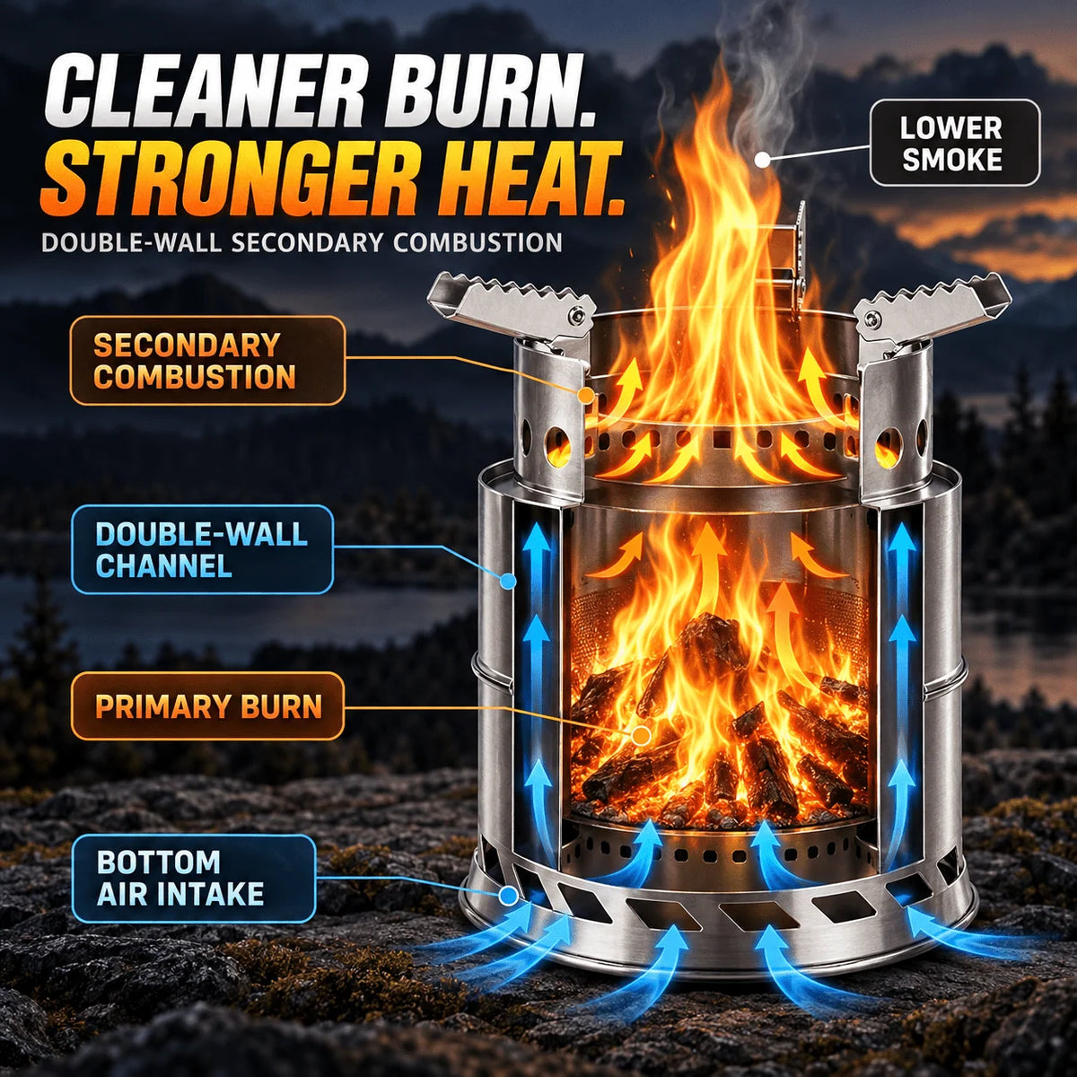 Wood Burning Stove Stainless Steel Double-Wall Combustion Nesting Design