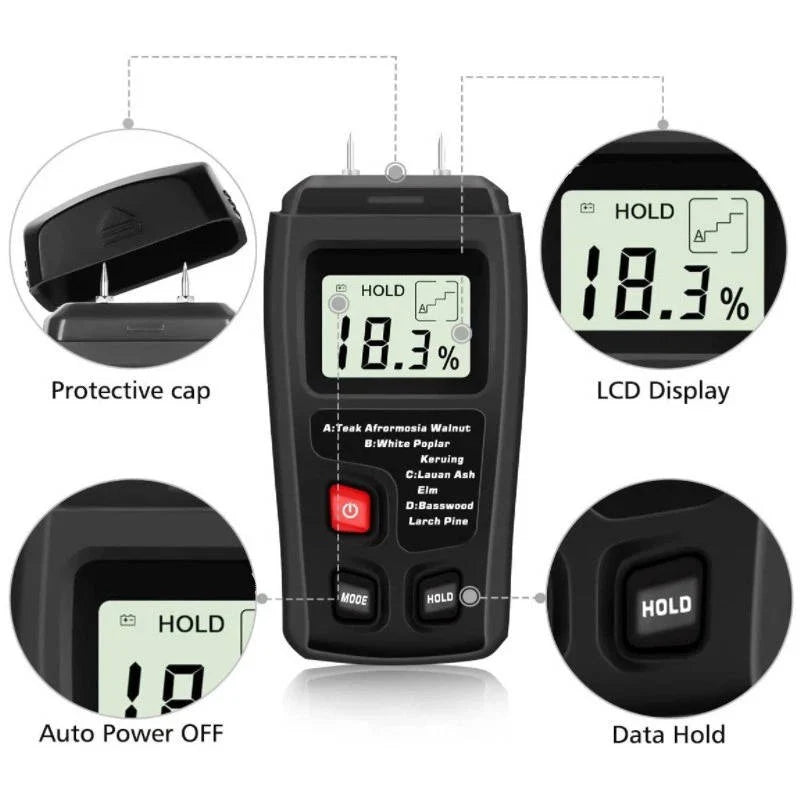 Wood Moisture Meter Pin Probe Backlit LCD Four Presets