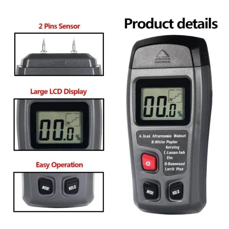 Wood Moisture Meter Pin Probe Backlit LCD Four Presets