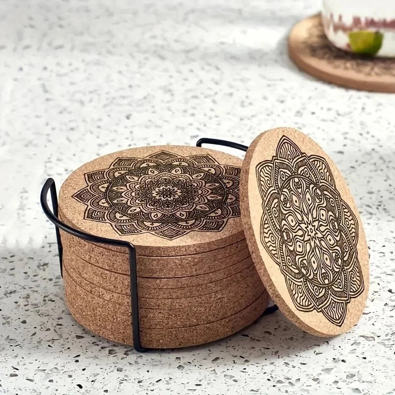 Wooden Coaster Mandala Design Heat-Resistant Non-Slip
