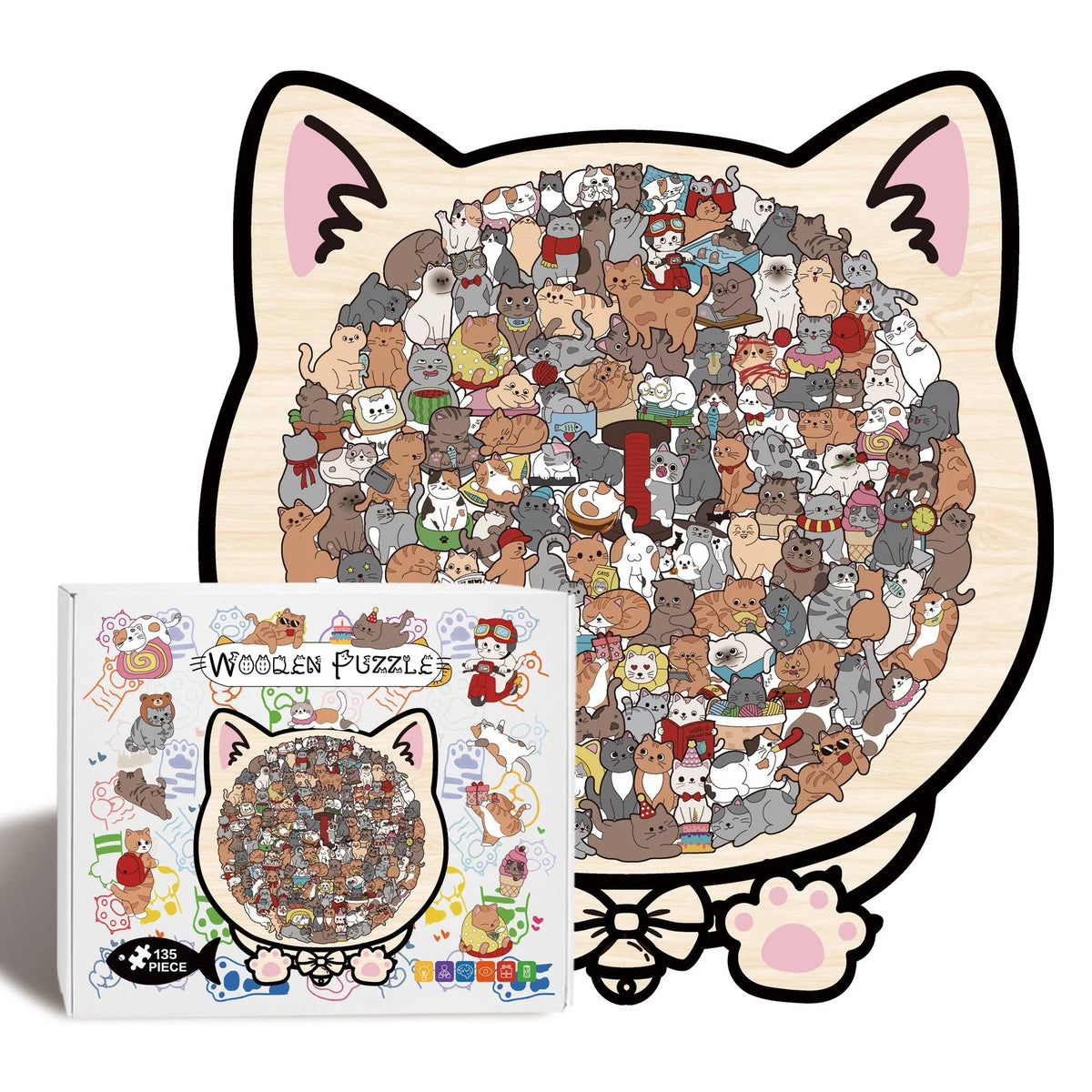 Wooden Jigsaw Puzzle Cat-Shaped 1008 Pieces Display Frame