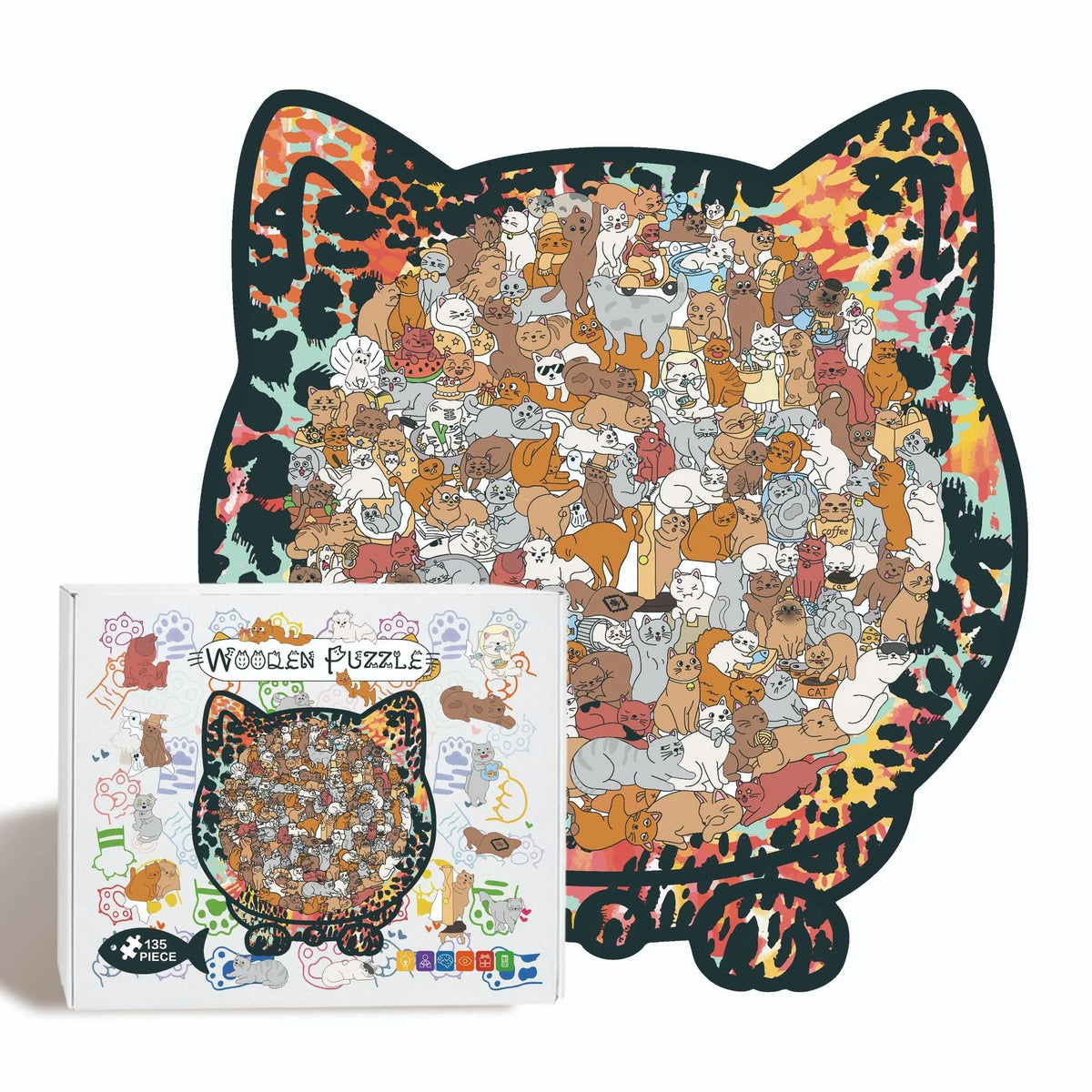 Wooden Jigsaw Puzzle Cat-Shaped 1008 Pieces Display Frame