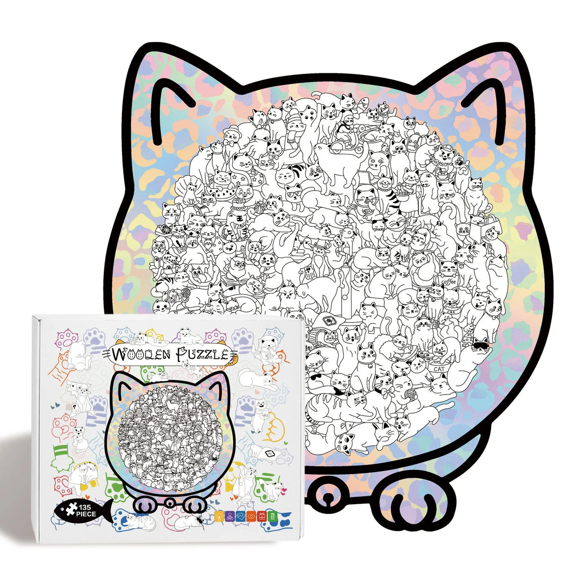 Wooden Jigsaw Puzzle Cat-Shaped 1008 Pieces Display Frame