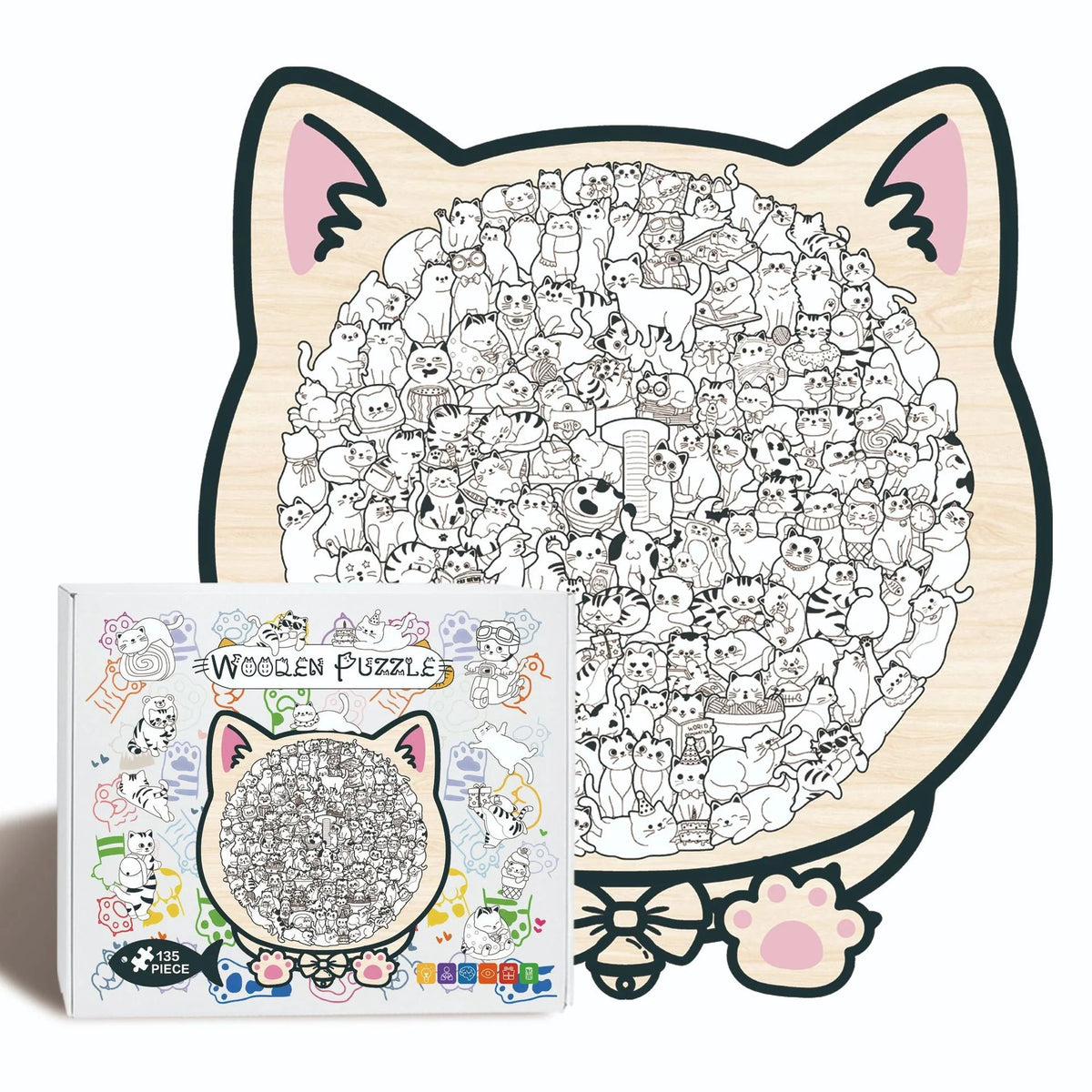 Wooden Jigsaw Puzzle Cat-Shaped 1008 Pieces Display Frame