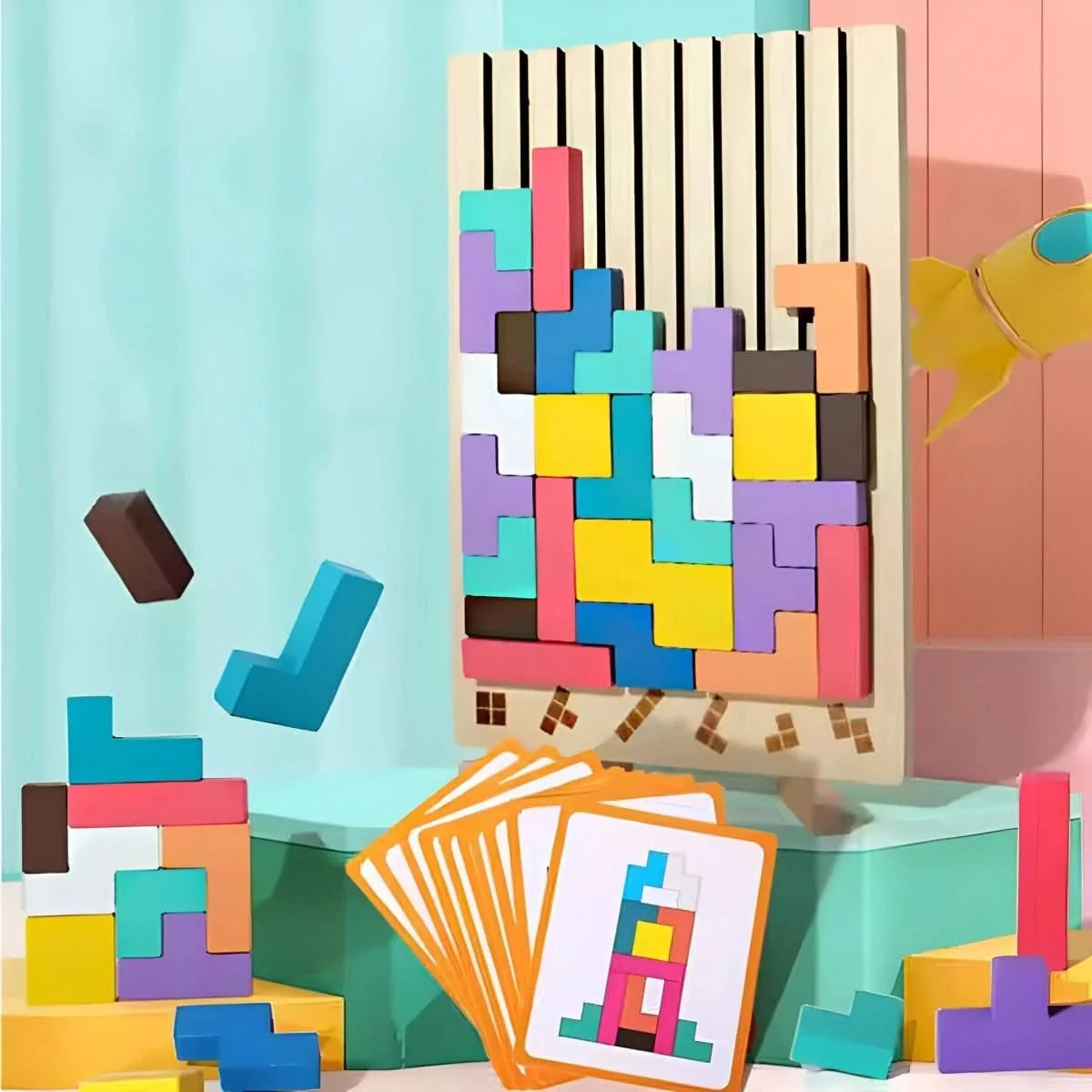 Wooden Stacking Game Colorful Blocks Non-Toxic Paint